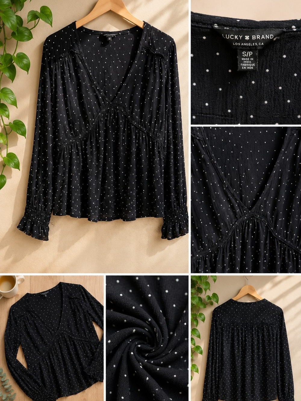 Lucky Brand Black Polka Dot V-Neck Long Sleeve Blouse